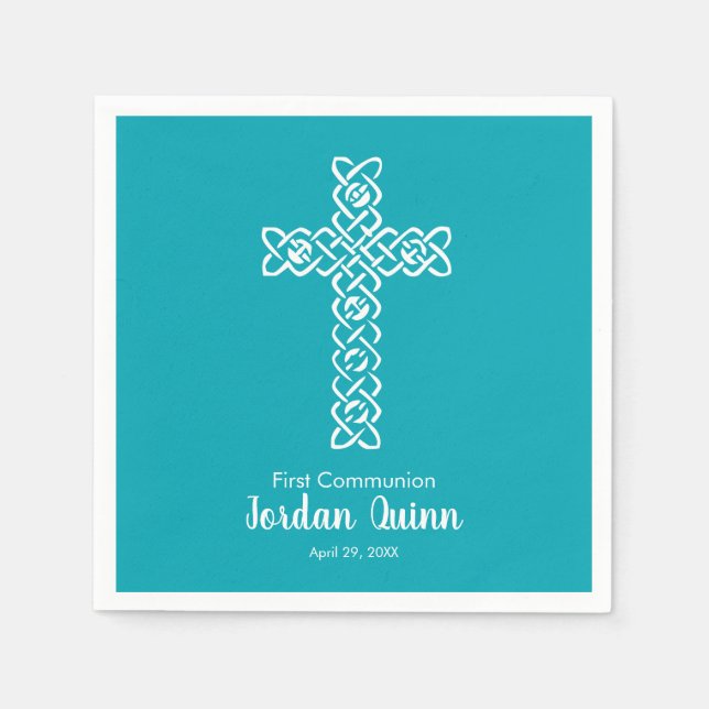 Cross | Peacock Blue Communion Baptism Christening Napkin (Front)