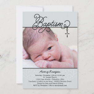 Cross Pendant Photo Baptism Invitation - Black