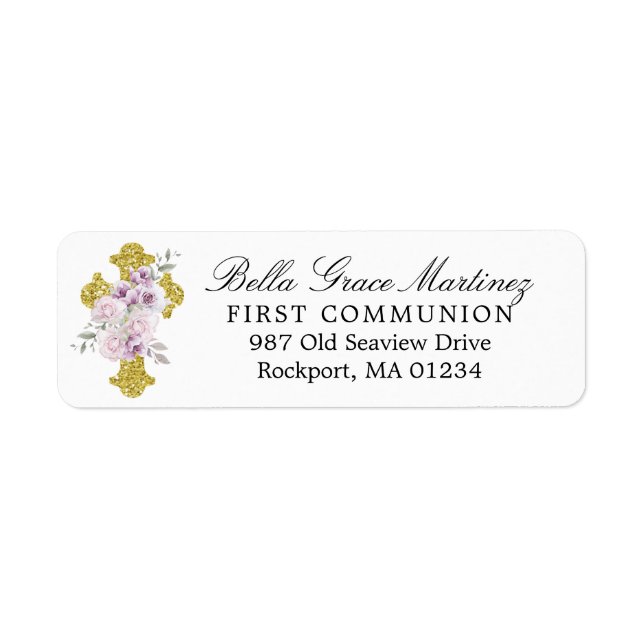 Cross Pink Floral First Communion Return Address (Front)
