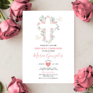 Cross Pink Flowers Girl First Holy Communion Invitation