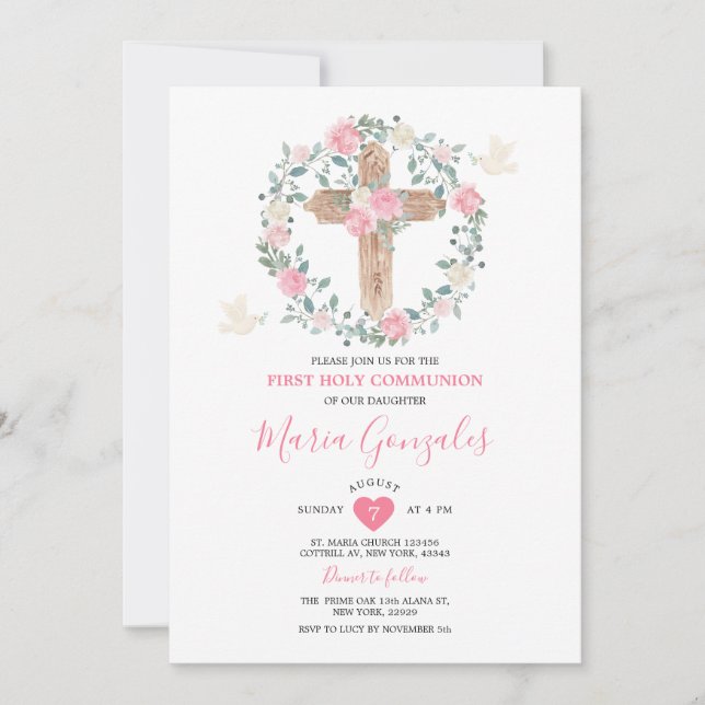 Cross Pink Flowers Girl First Holy Communion Invitation (Front)