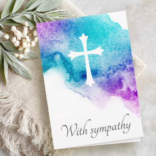 Cross purple blue watercolor sympathy condolence card