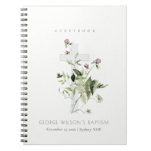 Cross Purple Wildflower Floral Baptism Guestbook Notebook