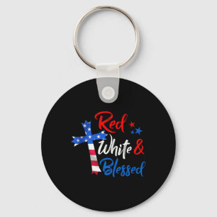 Cross Red White & Blessed 4th Of July Men Wome Key Ring