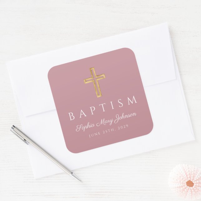 Cross Religious Pink Girl Baptism  Square Sticker (Envelope)