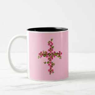 Cross roses and ivy Two-Tone coffee mug