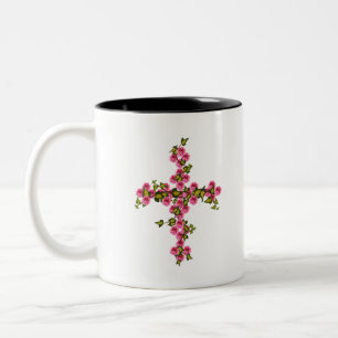Cross roses and ivy Two-Tone coffee mug