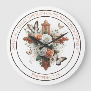 Cross, Roses, Butterflies and Bible Verse Large Clock
