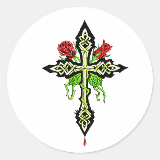 cross-roses- classic round sticker