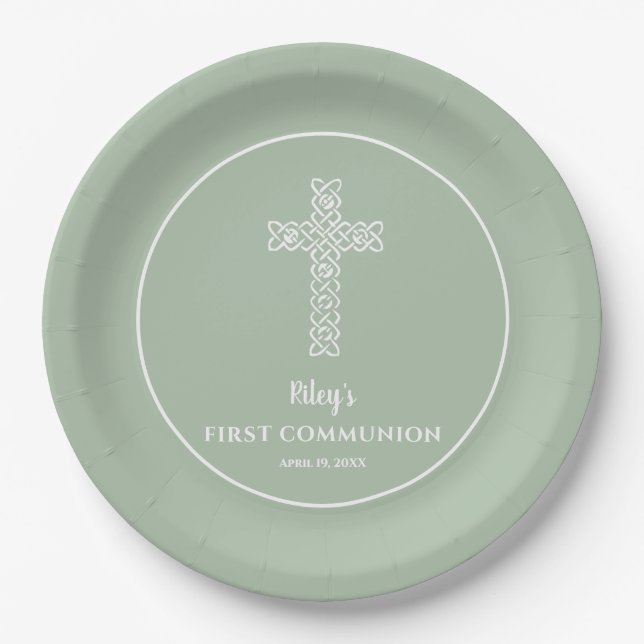 Cross Sage Green Communion Baptism Christening Paper Plate (Front)