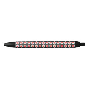 Cross Shaped Checkered Pattern with Red Hearts Black Ink Pen