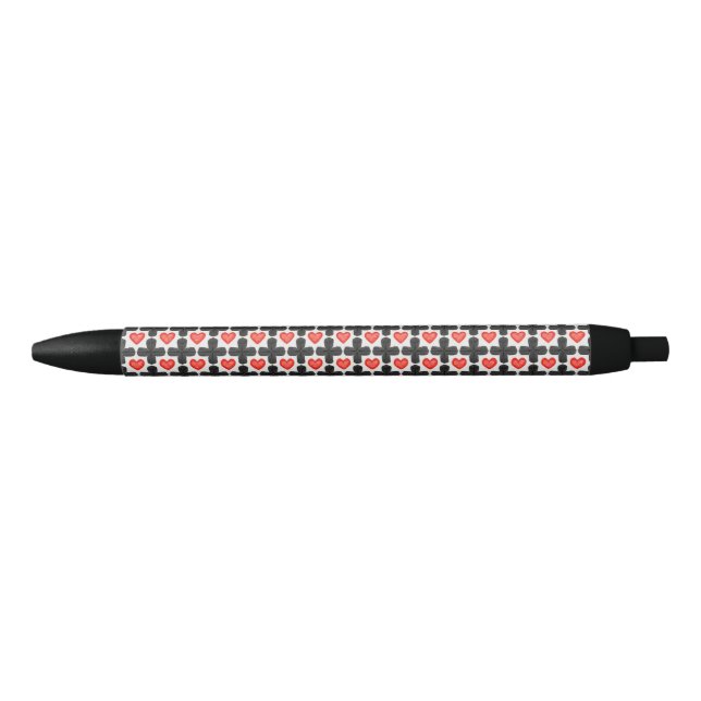 Cross Shaped Checkered Pattern with Red Hearts Black Ink Pen (Front)