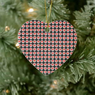 Cross Shaped Checkered Pattern with Red Hearts Ceramic Tree Decoration
