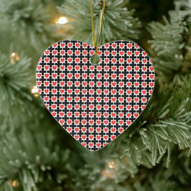 Cross Shaped Checkered Pattern with Red Hearts Ceramic Tree Decoration (Tree)