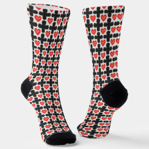 Cross Shaped Checkered Pattern with Red Hearts Socks