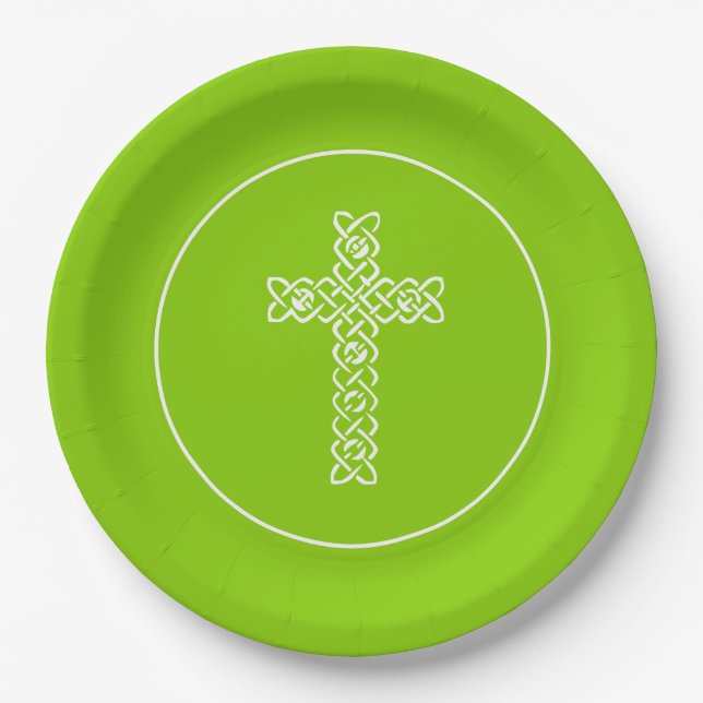 Cross | Spring Green Communion Baptism Christening Paper Plate (Front)