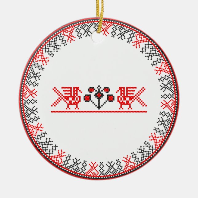 Cross-stitch birds ceramic tree decoration (Front)