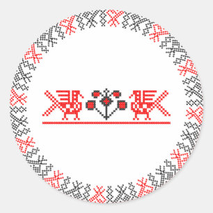Cross-stitch birds classic round sticker
