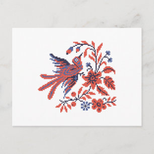 Cross-stitch Charm bird on twig of flowers blossom Postcard