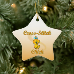 Cross-Stitch Chick Ceramic Tree Decoration