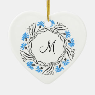Cross-stitch Cornflower Circle  Monogram Initial Ceramic Tree Decoration