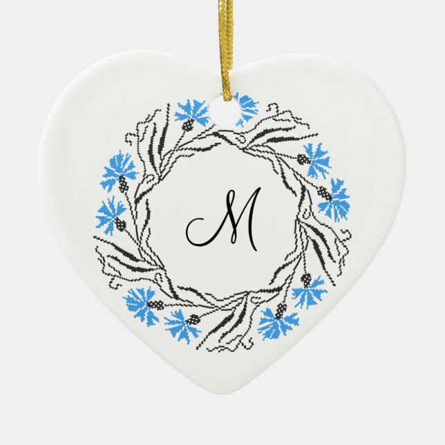 Cross-stitch Cornflower Circle  Monogram Initial Ceramic Tree Decoration (Front)