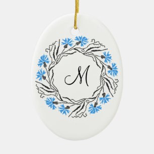 Cross-stitch Cornflower Circle Monogram Initial Ceramic Tree Decoration