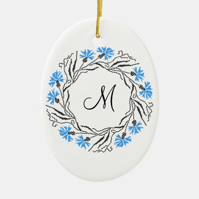 Cross-stitch Cornflower Circle  Monogram Initial Ceramic Tree Decoration (Front)