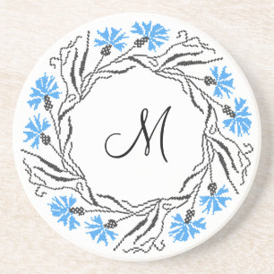 Cross-stitch Cornflower Circle Monogram Initial Coaster