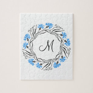 Cross-stitch Cornflower Circle Monogram Initial Jigsaw Puzzle