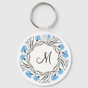 Cross-stitch Cornflower Circle Monogram Initial Key Ring
