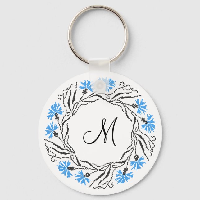 Cross-stitch Cornflower Circle  Monogram Initial Key Ring (Front)