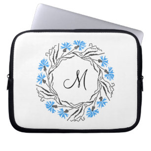 Cross-stitch Cornflower Circle Monogram Initial Laptop Sleeve