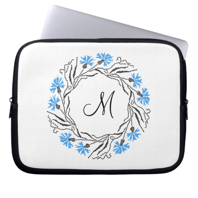 Cross-stitch Cornflower Circle  Monogram Initial Laptop Sleeve (Front)