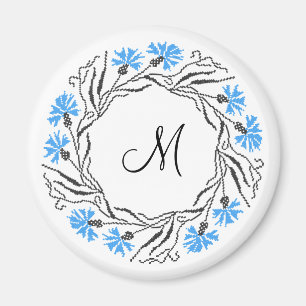 Cross-stitch Cornflower Circle Monogram Initial Magnet