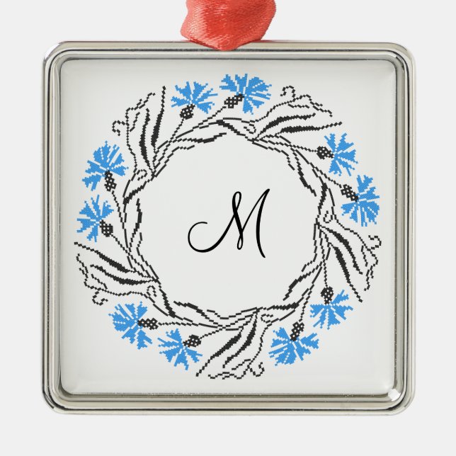 Cross-stitch Cornflower Circle  Monogram Initial Metal Tree Decoration (Front)