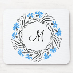 Cross-stitch Cornflower Circle Monogram Initial Mouse Mat