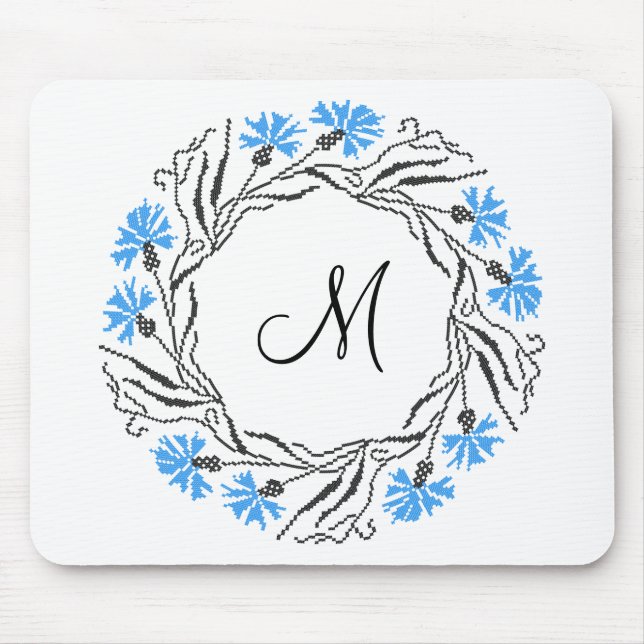 Cross-stitch Cornflower Circle  Monogram Initial Mouse Mat (Front)