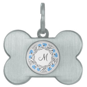Cross-stitch Cornflower Circle Monogram Initial Pet Name Tag