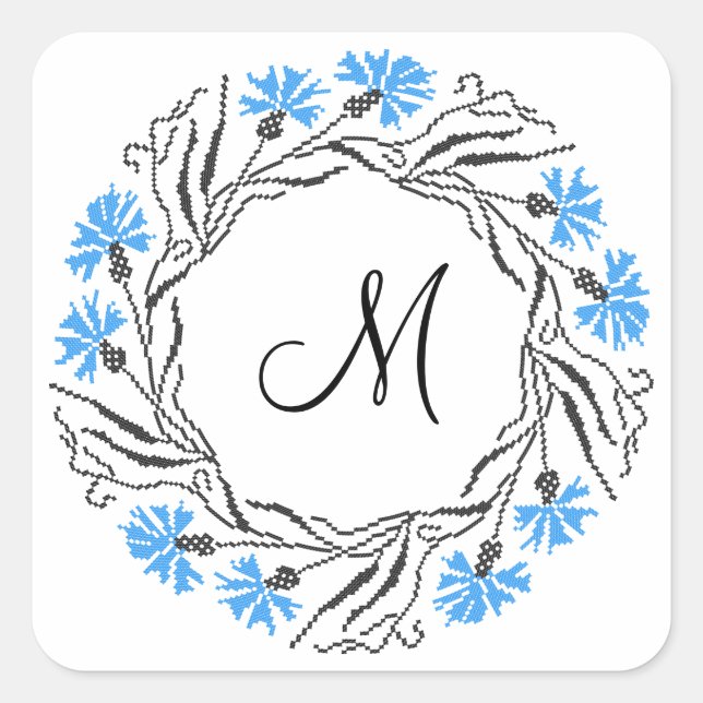 Cross-stitch Cornflower Circle  Monogram Initial Square Sticker (Front)