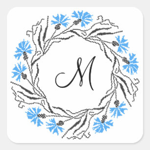 Cross-stitch Cornflower Circle  Monogram Initial Square Sticker