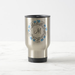 Cross-stitch Cornflower Circle  Monogram Initial Travel Mug