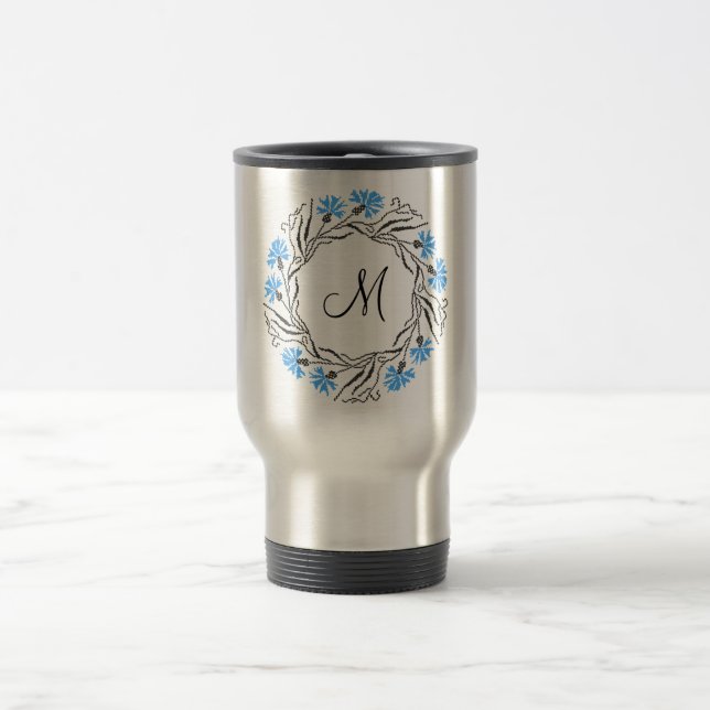 Cross-stitch Cornflower Circle  Monogram Initial Travel Mug (Center)