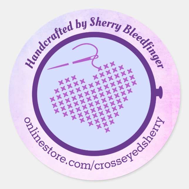 Cross stitch embroidery hoop heart personalised classic round sticker (Front)