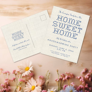 Cross-Stitch Home Sweet Home Blue Housewarming Postcard