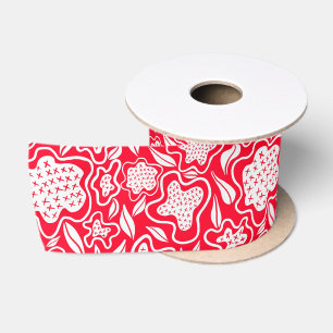 Cross Stitch Look Red White Floral Design Satin Ribbon