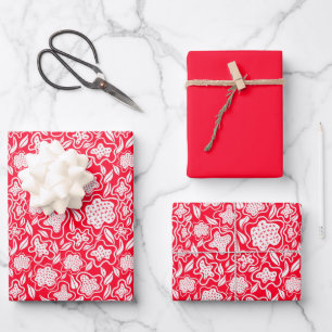 Cross Stitch Look Red White Floral Solid Red Wrapping Paper Sheet