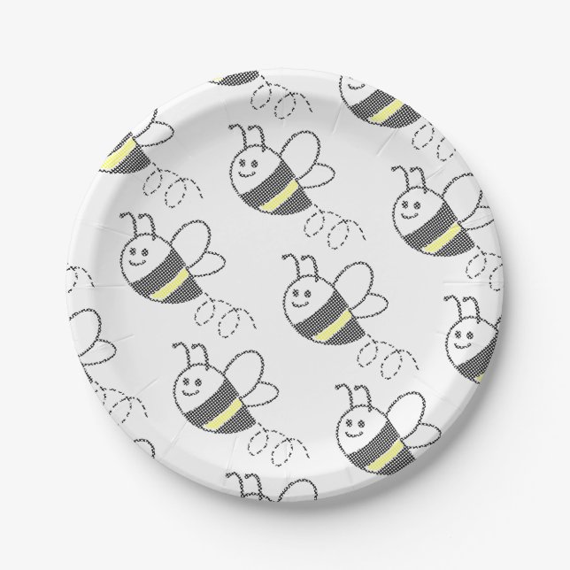 Cross Stitch Pattern Print Cute Bee Baby Shower Paper Plate (Front)