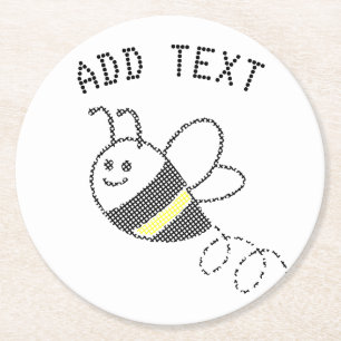 Cross Stitch Pattern Print Cute Bee Baby Shower Round Paper Coaster