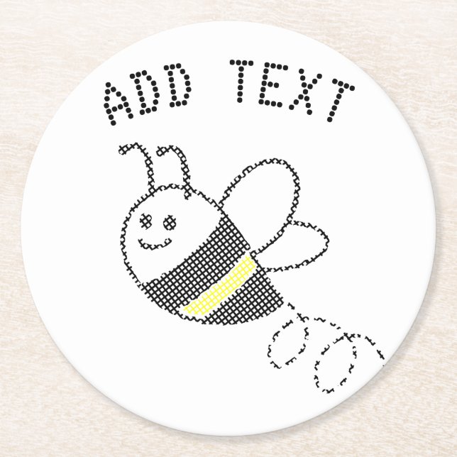 Cross Stitch Pattern Print Cute Bee Baby Shower Round Paper Coaster (Front)